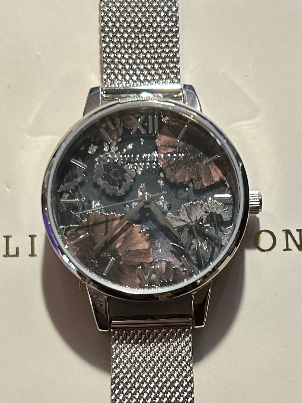 Olivia Burton Celestial Watch With 30mm Black Floral Face & Silver MeshB…